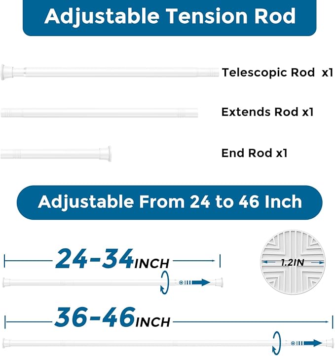 AIZESI Spring Tension Curtain Rod 23-46 Inch Adjustable Curtain Rods No Drilling White Tension Rods for Window, Doorway, Kitchen, Closet