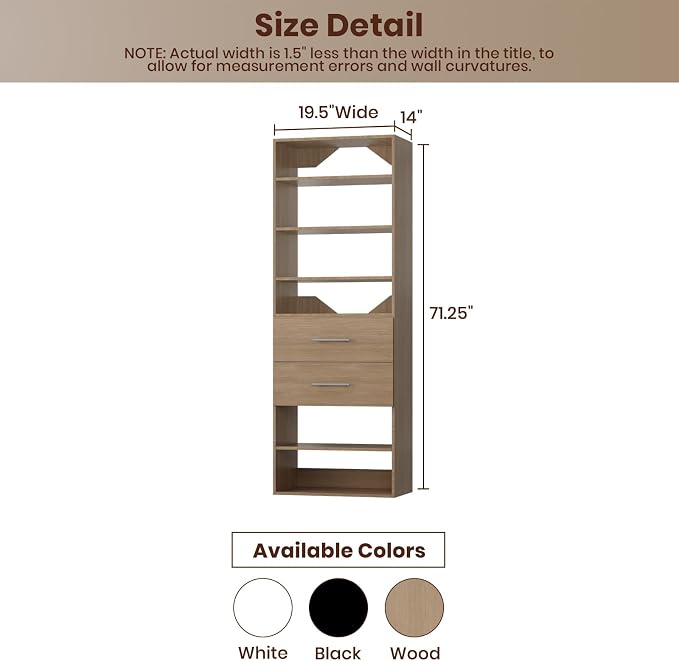 ROOMTEC Modular Closet System, 19.5" 2 Drawer Shelf Closet Tower Wall-Mounted Closet Organizer, Wooden Tower for Walk-In Closets, Wardrobe Storage Kit, Wood