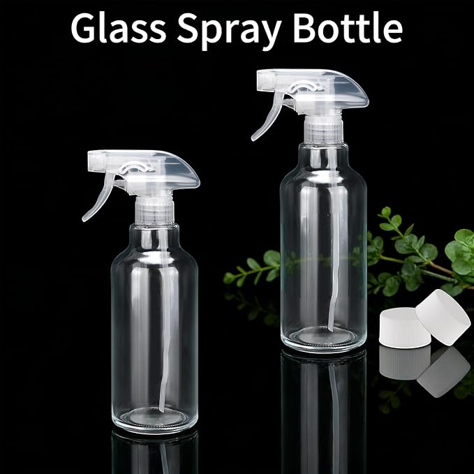 Cosywell Glass Spray Bottles 16.9oz/500ml 2 Pack Clear Empty Spray Bottle | Mist/Stream Heavy Duty, Water Spraying Bottle, for Cleaning, Cooking Solutions, Hair Care, Including a funnel and two lid