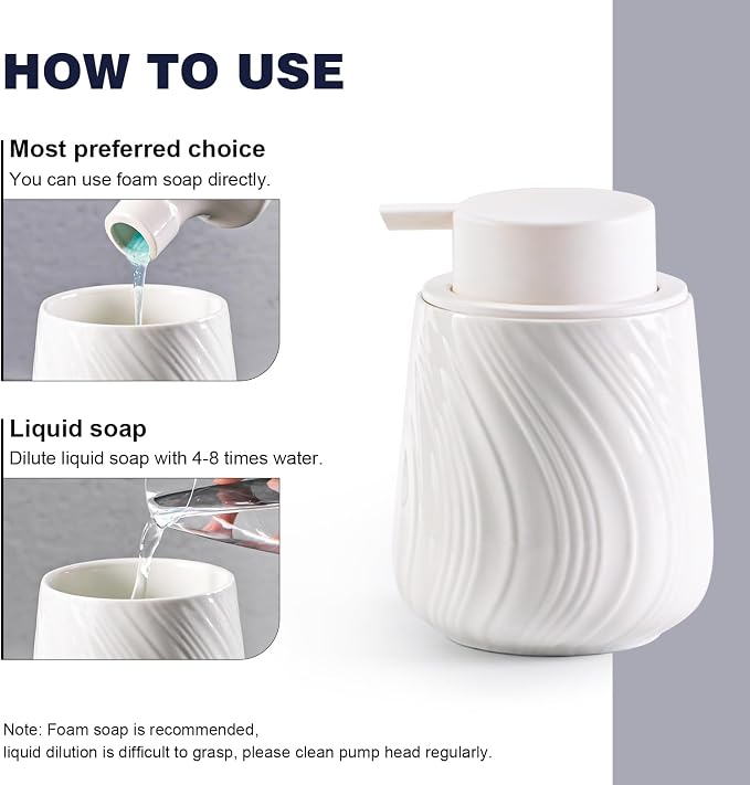 Agyiuns Foam Hand Soap Dispenser - 13.5 oz Ceramic foaming Hand soap Dispenser with Easy-to-Press Pump for Bathroom refillable Liquid Hand soap Dispenser (Foam-White)