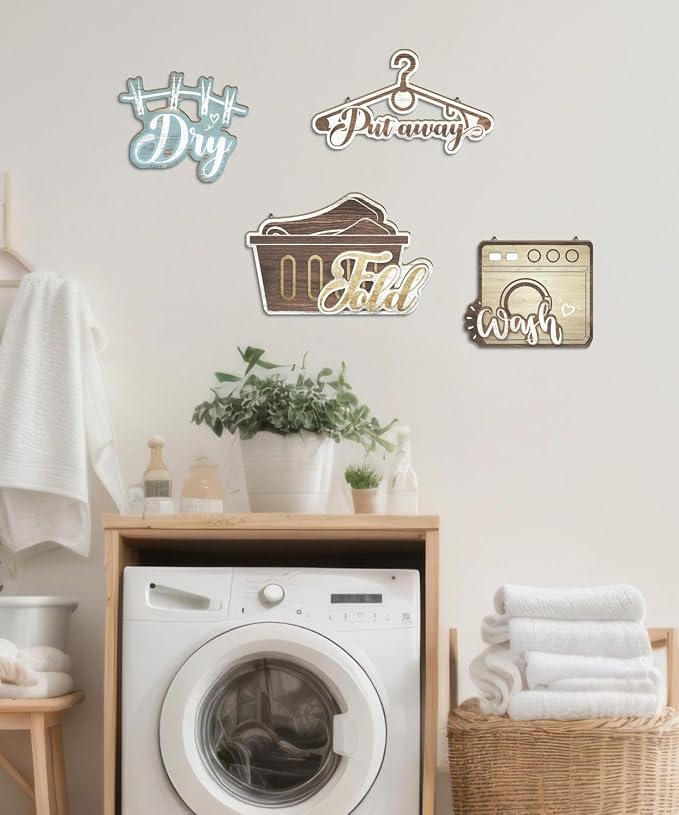 Putuo Decor Laundry Room Wall Decor Set, Farmhouse Style Wash Dry Fold Put Away Signs, Laundry Room Hanging Decor, Decorative Wall Art for Laundromats Home Utility Space