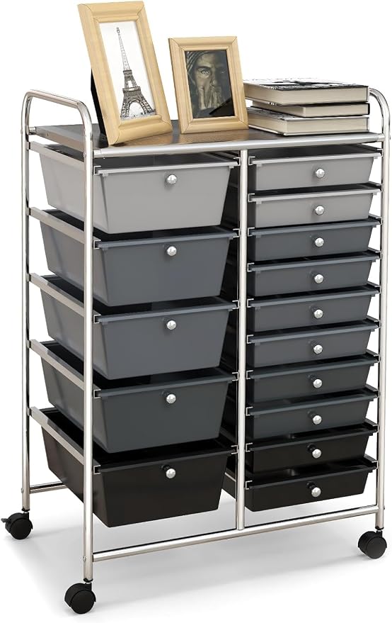 LUARANE Rolling Cart with 15 Drawers, Craft Storage Cart with Portable Handles & Lockable Wheels, Mobile Toys Organizer, Large Capacity Utility Drawer Cart Home Office School Teacher (Gradient Black)
