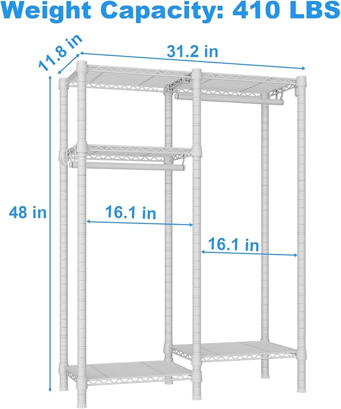 Ulif F1 Garment Rack for Kids, Baby, Students, and Children's Room, 4 Tiers Freestanding and Portable Heavy Duty Closets, Small Metal Clothes Rack with 2 Hanging Rod, 31.2" W x 11.8" D x 48" H, White