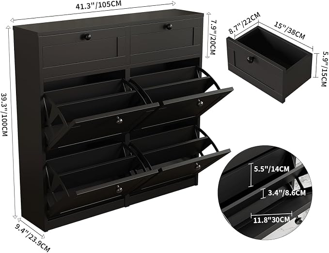 VOWNER Shoe Cabinet with 4 Flip Drawers & 2 Drawers, Freestanding Shoe Storage Cabinet with Adjustable Shelves, Shoe Organizer for Entryway, Hallway, Living Room (Black)