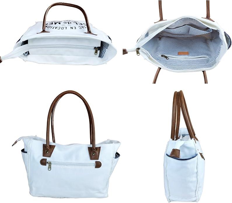 Lamyba Sel De Mer Canvas HandBag Upcycled Canvas Leather Tote Bag