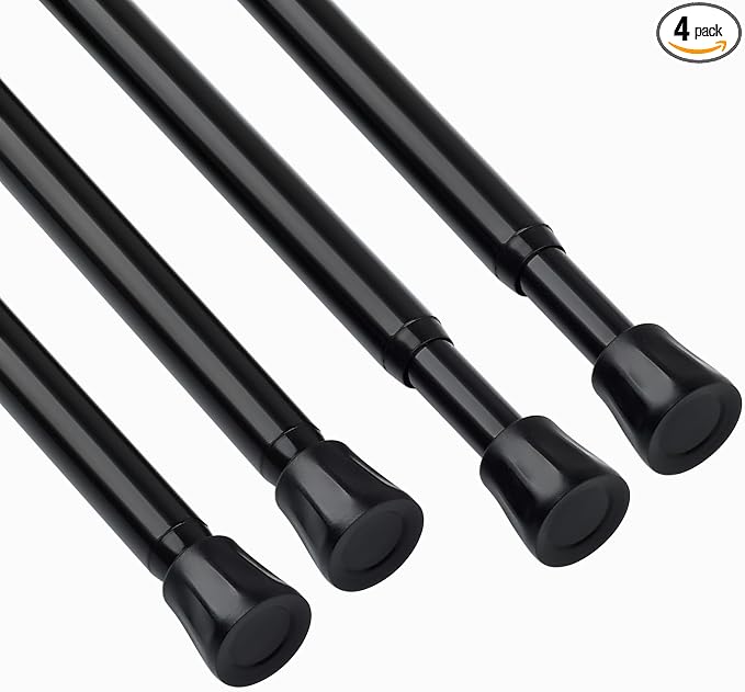 TYRON Curtain Tension Rod 17 to 28 Inch, Adjustable Spring Loaded Curtain Rod, Expandable Window Curtain Rod Tension for Kitchen, Wardrobe, Cupboard, Closet (Black, 4 Pack)
