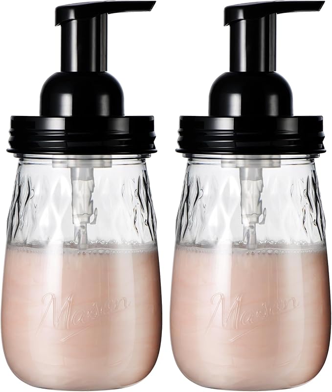 Amolliar 16Oz Foaming Soap Dispenser with Pump Lid, Plastic Refillable Foam Hand Dish Soap Dispenser Set, Clear Diamond Dispenser with Lable for Farmhouse Kitchen Bathroom (2 Pack, Black)