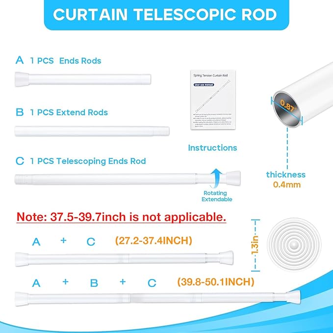 2 Pack White Tension Curtain Rod for Windows 28 to 48 Inch,7/8"Small Shower Curtain Rod for Bathroom,Pressure Spring Tension Curtain Rod No Drilling for Closet Doorway Kitchen