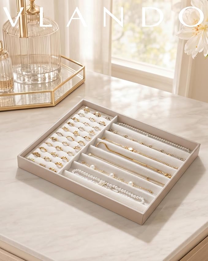 VLANDO Stackable Jewelry Tray, Drawer Organizer for Rings Necklaces,Toffee | Ring Slots, Long Sections, Vanity Storage for Necklaces, Earrings, Daily Jewelry, Gift for Women Girl