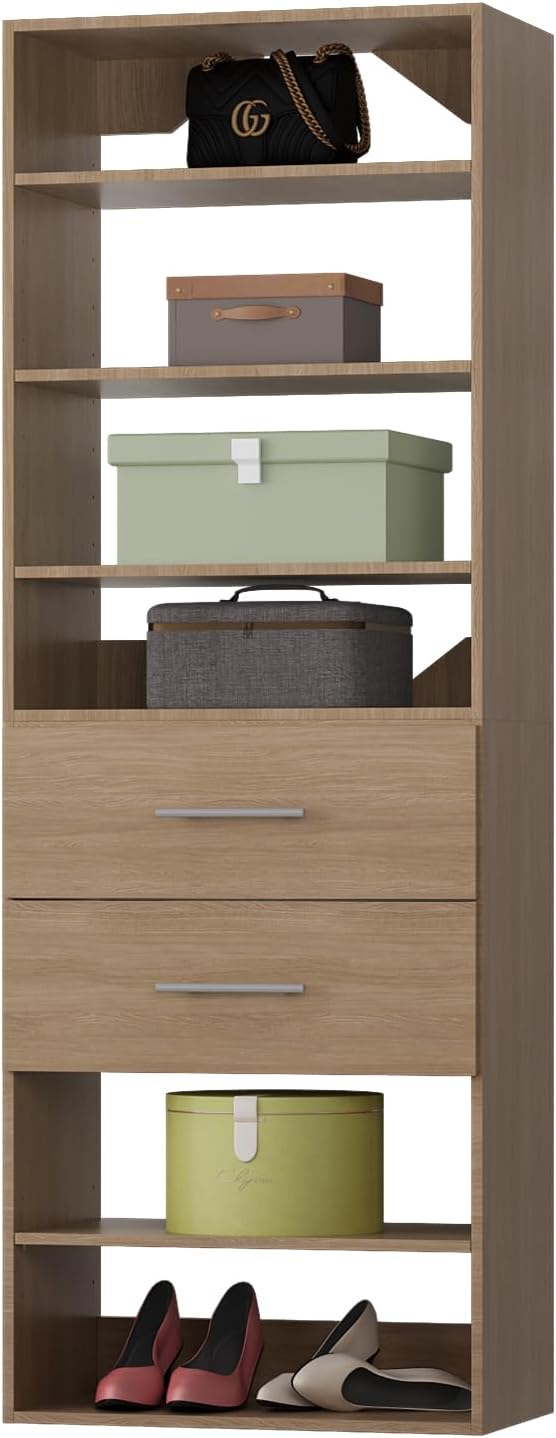 ROOMTEC Modular Closet System, 31.5" 2 Drawer Shelf Closet Tower Wall-Mounted Closet Organizer, Wooden Tower for Walk-In Closets, Wardrobe Storage Kit, Wood