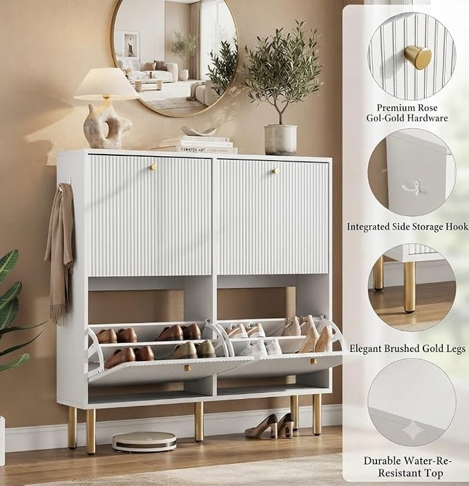 Nicetree White Shoe Cabinet for Entryway, 4 Flip Drawers Shoe Storage Cabinet with Tiered Fluted Design, Slim Narrow Shoe Rack for Small Spaces, 9.5" Deep Shoe Organizer with Metal Legs