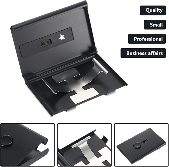 Tatuo 2 Pcs Black Business Card Holder Thumb Drive Stainless Steel Business Name Card Case Portable Slide out Name Holder Wallet Nice Design Pocket for Men and Women