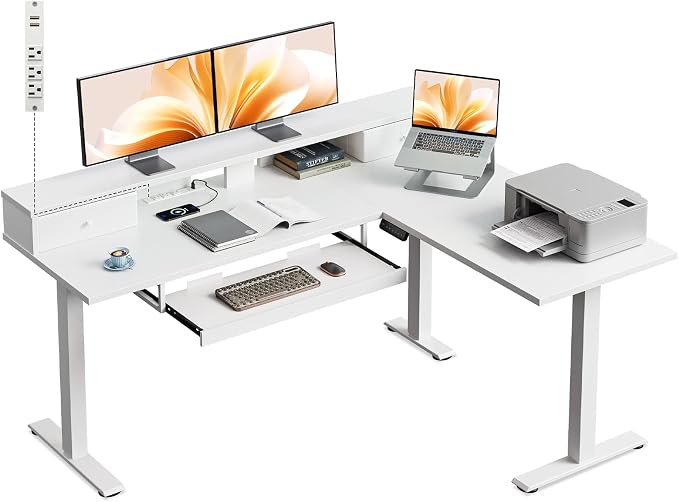Casaottima 59" L Shaped Electric Standing Desk with Drawers, White | Monitor Stand, Keyboard Tray, Fabric Drawer, Power Outlets, Height Adjustable Corner Stand Up Desk for Organized Home Office