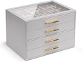 VLANDO 4-Drawer Jewelry Box with Glass Lid, Faux Leather Organizer for Rings Earrings Necklaces and More, Gift-Ready Jewelry Case for Women Girls or Moms, Grey