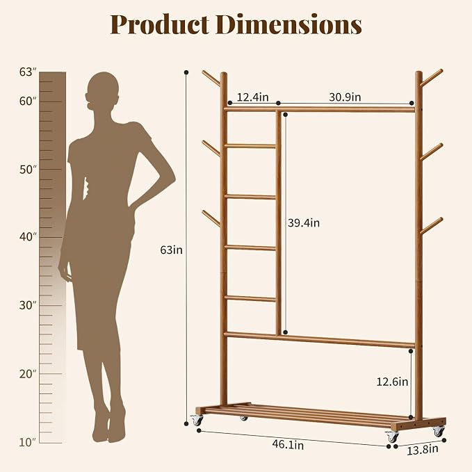 Yoobure Solid Wood Clothing Rack - Rolling Clothes Rack with Wheels, 4-in-1 Coat Rack with Pants Rack & Shelf, Freestanding Clothing Racks for Hanging Clothes, Garment Rack for Closet Bedroom Entryway