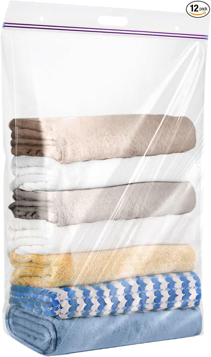 20 Gallon Jumbo Zipper Storage Bags, Pack of 12, Clear Plastic Storage Bag with Handle, 24 x 32 Inch Heavy Duty Ziplock Storage Bag Resealable Large Bag with Zipper Top for Moving and Bedding, 4 Mil