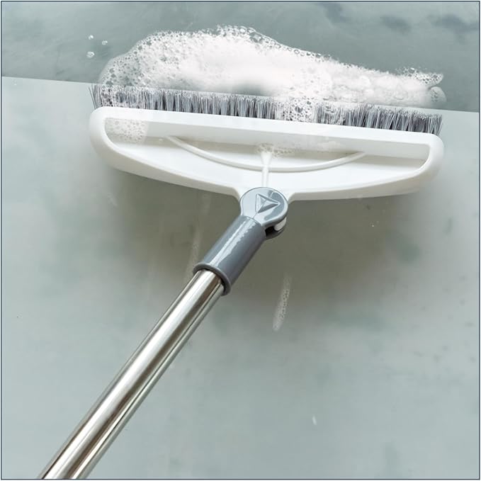 Grout Cleaner with Long Handle & Stiff Swivel Bristles - 2-in-1 Scrubber and Scraper, Tapered Design for Tile Floors, Baseboards, and Tight Spaces