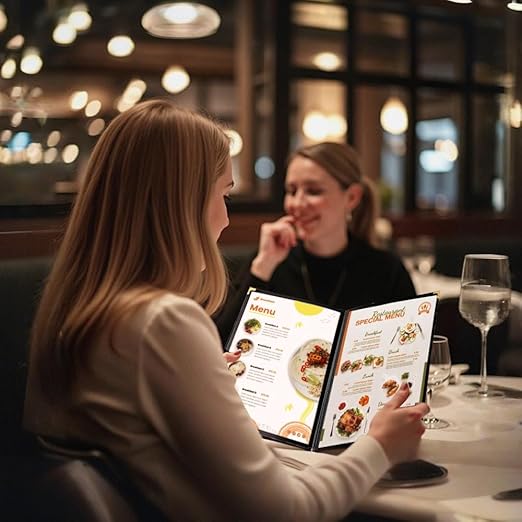 Goodsmart Restaurant Menu Covers – 25 Pack Black 6-View Booklet 5.5" x 8.5", Side-Loading Vinyl & Plastic Menu Holders, Clear Menu Sleeves, Leather-Style Café Covers with Gold Corners