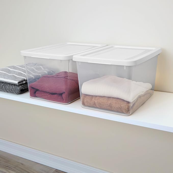 Sterilite 6-Pack Clear Storage Box, Stackable Container Bins with Lids, 20 Qt, White – Plastic Containers for Home, Closet, Bathroom, Classroom, and Office Organization
