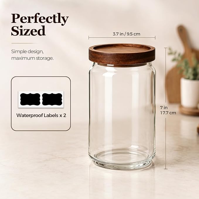 ComSaf Glass Jar with Acacia Wood Lid 34oz 1Pack, Food Storage Container | 1L Canister, Oats Coffee Sugar Pasta Candy Cookies Nuts, Kitchen Pantry, Decorative, Countertop Display, Food-Grade, Label