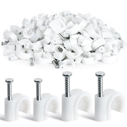 Cable Wire Clips - 100 Pcs White Cable Clips 8mm 10mm Wire Staples Wall Cables Management with Steel Nails Cord Holder for Wires, Ethernet, Cord Organization