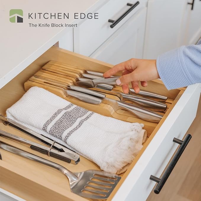 KitchenEdge In-Drawer Knife Block Holder, 11 Slots, Bamboo | Fits most knife sizes, rubber feet, food-safe finish