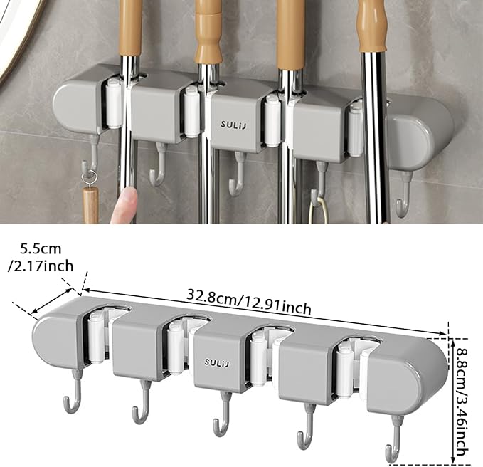 2Pcs Broom Holder Wall Mount, No-Drilling Self-Adhesive Mop and Broom Storage Rack with Hooks (4 Racks with 5 Hooks), Wall-Mounted Broom Hanger for Bathroom, Kitchen, Closet, Garage (Grey)