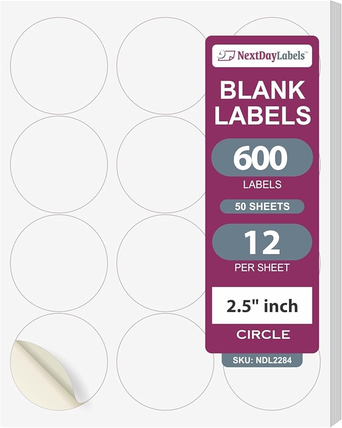 NextDayLabels 2.5 Inch Round Circle Stickers White Blank Labels for Laser Inkjet Printer - 12 Per Sheet Self-Adhesive Product Packaging Logo Made in USA - 600 Labels