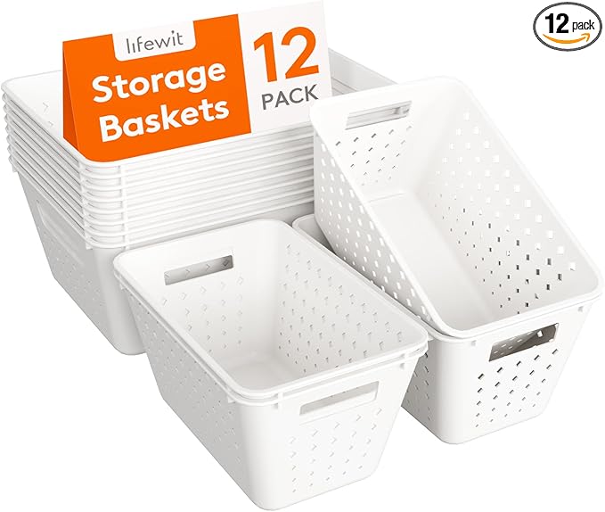 Lifewit Plastic Storage Basket, 12 Pack Stackable Storage Bins for Organizing, Multi Size Open Containers for Shelving, Pantry, Office and Cabinet, 8 Large and 4 Small Size, White