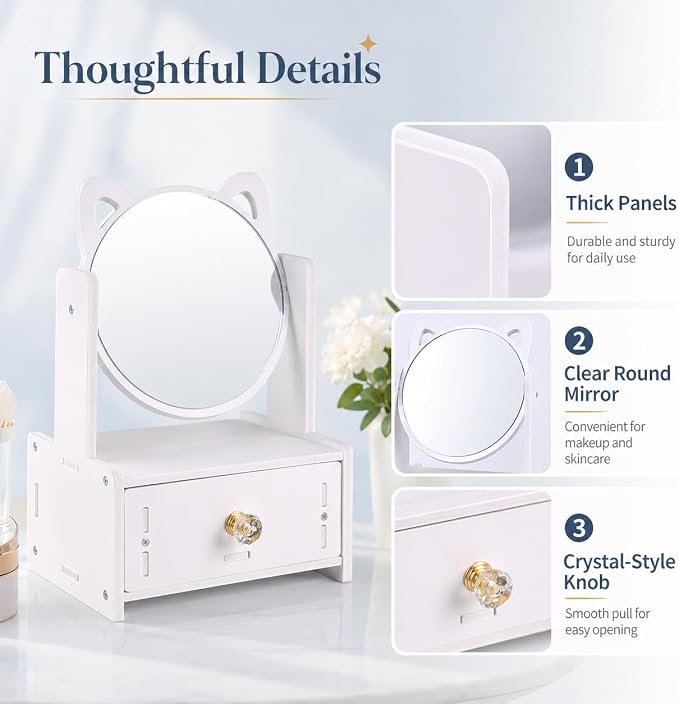 Desktop Makeup Mirror Organizer with Drawers, Compact Vanity Storage Box, Round Mirror, Cosmetic, Skincare and Jewelry