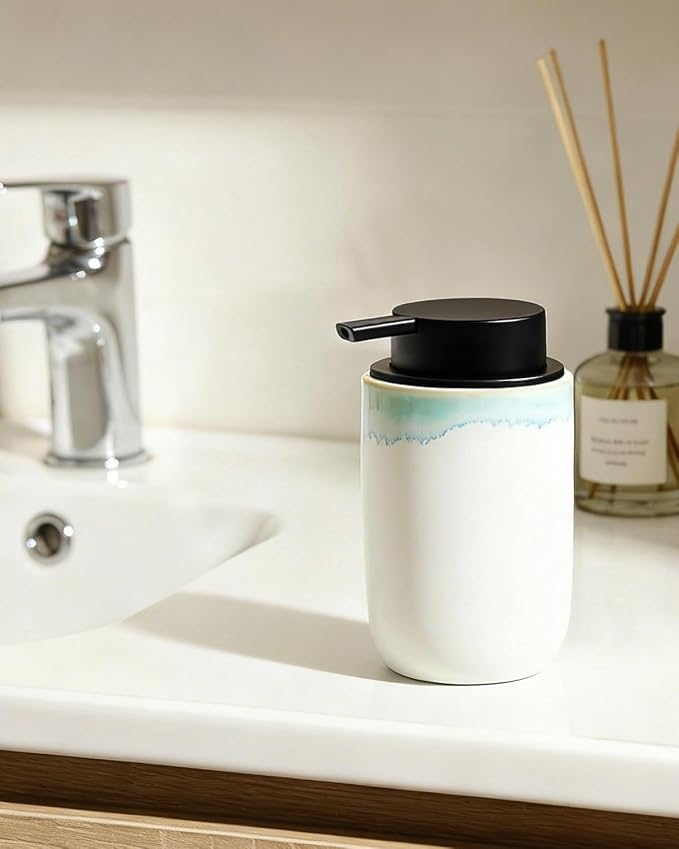 BosilunLife Hand Soap Dispenser for Kitchen, Bathroom Countertop | Foam Soap Dispenser Bathroom Ceramic Dish Liquid Soap Dispenser (White with Blue-Green Rim Liquid Pump)