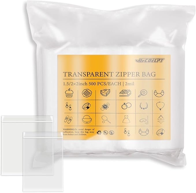 Clear Small Zip Bags 1000 Count (1.5" x 2" & 2" x 2" Each of 500), 2 Mil Thick Reclosable Lock Plastic Bags for Jewelry, Coins, Beads, and More