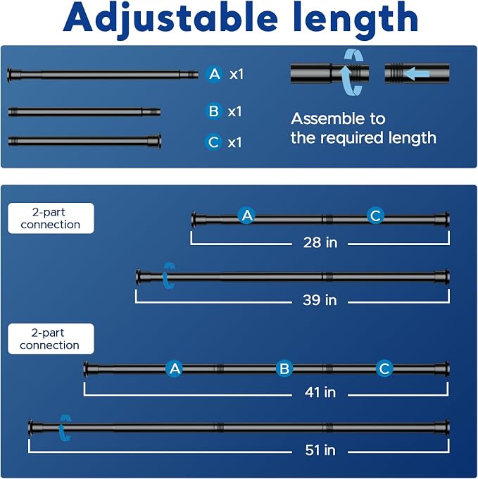 Tension Rods 28 to 61 Inch, 1" Heavy Duty Adjustable Spring Tension Curtain Rod - Non-Slip No Drill Shower Curtain Rod for Bathroom, Window, Closet & Doorway, Black