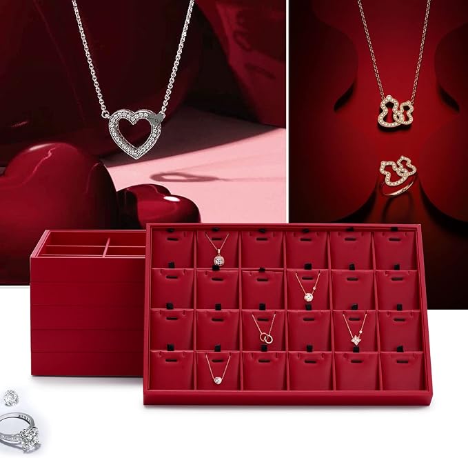 Oirlv Gorgeous Red Leather Jewelry Tray Flat Jewelry Display Tray Stackable Jewelry Organizer Plate