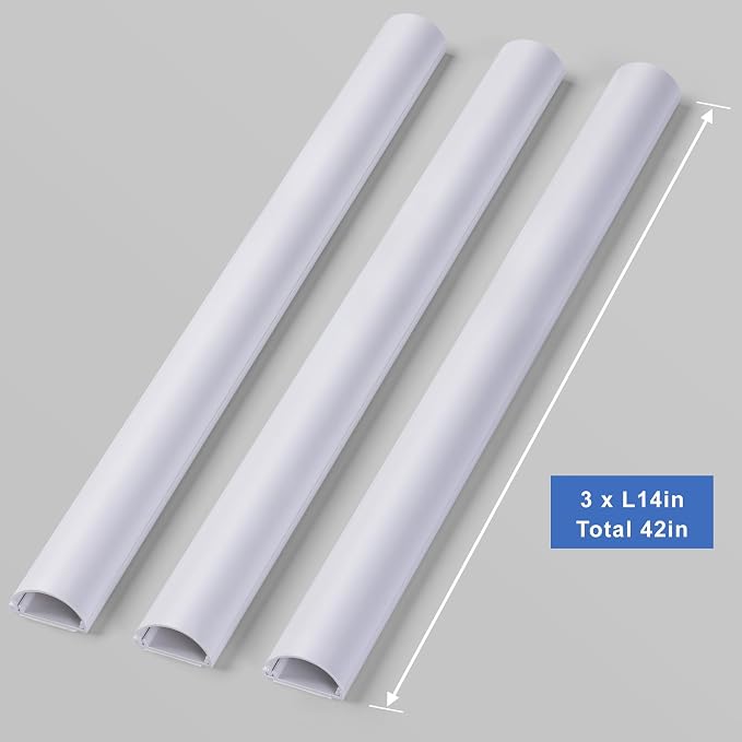 ZhiYo 42.5in Cord Hider for 2-4 Wall-Mounted TV Wires, 1.4"W x 0.7"H, White | Split-Hinge Design for Easy Installation, Half-Round Glazed Finish Ideal for Wall/Baseboard, Self-Adhesive, 3Pack(14.2" Each)