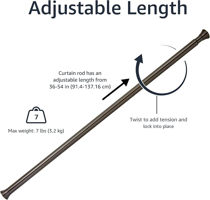 Amazon Basics No Drill Spring Tension Curtain Rod, Adjustable 36-54" Width, Bronze, Classic Finial