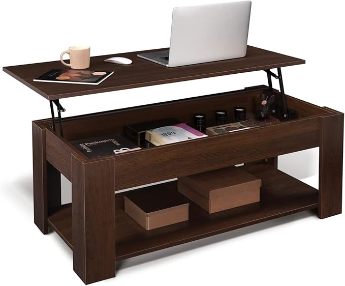 CAPHAUS Lift Top Coffee Table w/Storage and Hidden Compartment, Rising Tabletop for Living Room, Bottom Open Shelf, 41" Espresso