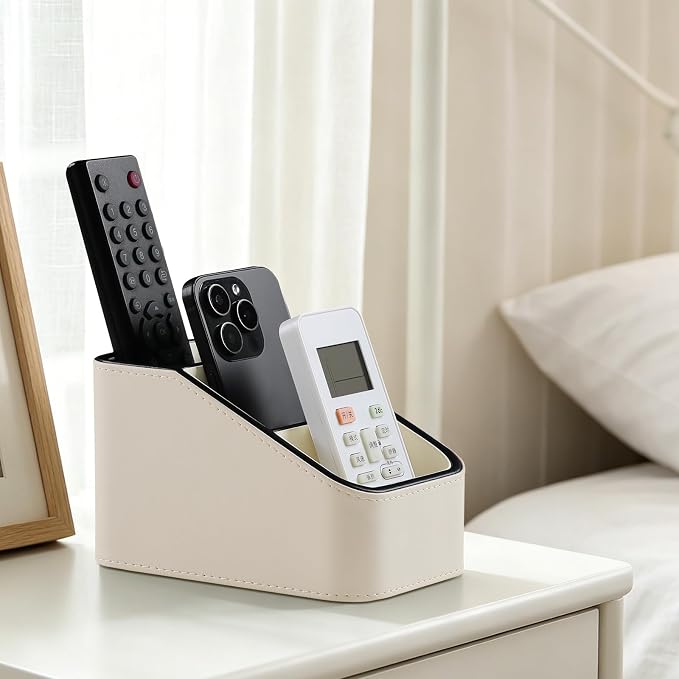3 Compartments PU Leather Remote Control Holder, TV Remote Holder for Couch | Small Pen Desk Organizer for Office Bedside Living Room, Remote Caddy Nightstand Organizer