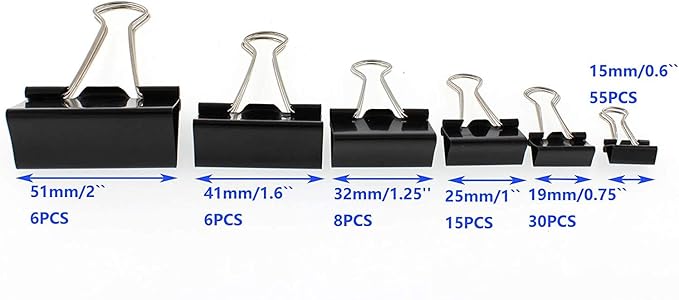 Assorted Sizes Binder Clips,Paper Clamps,Black Metal Fold Back Clips for Office School Supplies,Large, Medium,Small Size Metal Clips,Big Size Paper Holder,Elastic Rubber Band (120 PCS Black)