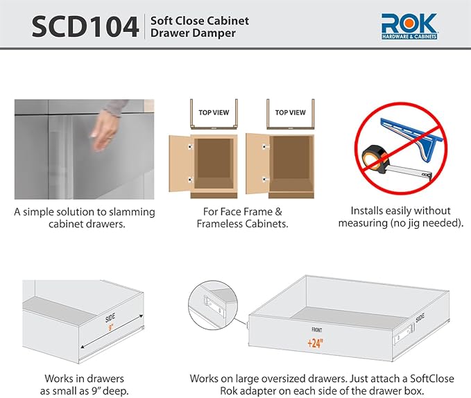 2-Pack Rok Hardware Soft Close for Wood Drawers/Soft Close Drawer Adapter/Add-On/Retrofit (Gray), SCD104G