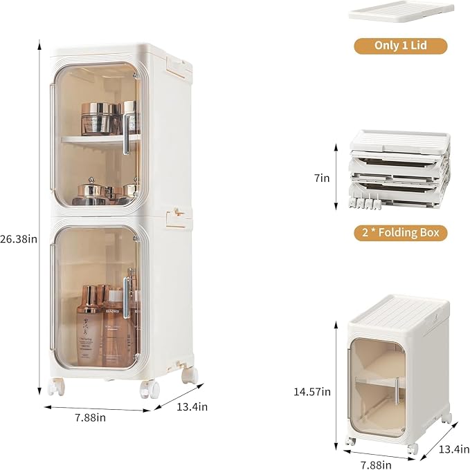 2-Tier Slim Narrow Bathroom Storage Cabinet, Cream White | Tool Free Assembly, Adjustable Shelves, Fits for Narrow Spaces, Reinforced Stability, Magnetic Clear Door