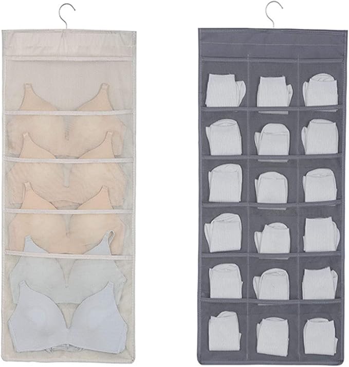 Bra and Underwear Hanging Storage Organizer Mesh Pockets Dual Sided Wall Shelves Space Saver Bag Sock Underpants Drawer Closet Clothes Rack (Beige:(6+18 Pockets))