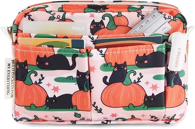 E-WEICHEN Multiple Pockets Portfolio Organizer with Zippered, Makeup Bag Travel Essentials for Women, Simple Waterproof Stationery Pencil Pouch Bag for Journal Office Art Supplies.Pink Pumpkin