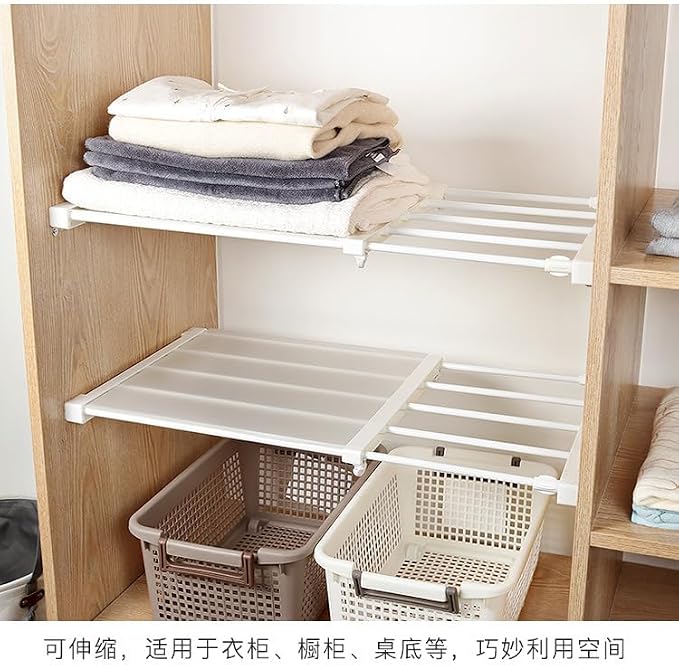 Closet Tension Shelf & Rod Expandable, Adjustable Storage Rack Cabinet, Extendable Storage Shelf, Metal Wardrobe Partition, Divider Separator for Cabinet Wardrobe Cupboard Kitchen Bathroom