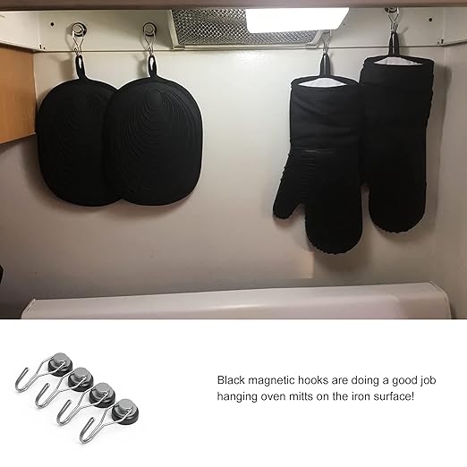 Ant Mag Swivel Magnetic Hooks 50lbs Heavy Duty Grill Magnet Hooks 4 Pack with Scratch Proof Stickers Great for Home Refrigerator Kitchen Store Grill BBQ Office Warehouse (Black)
