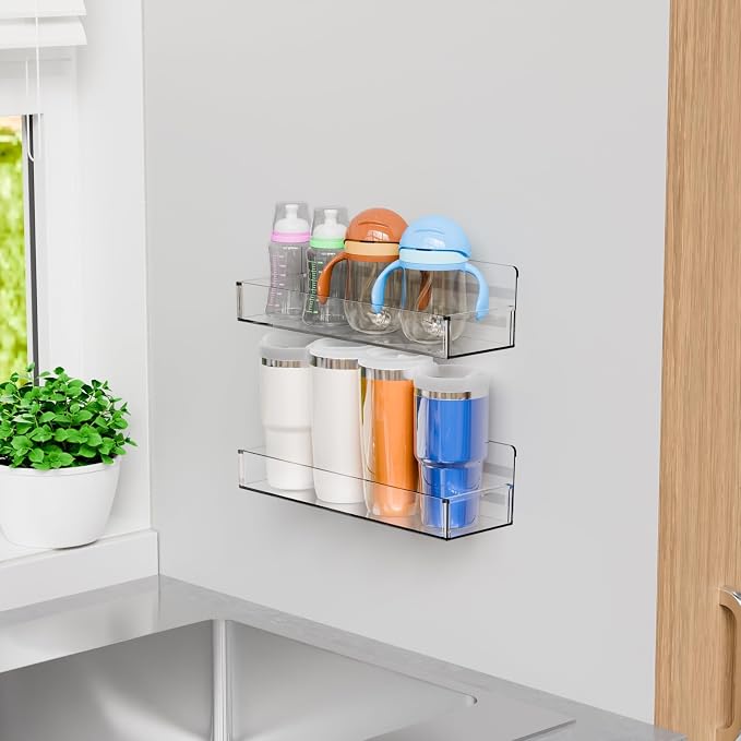 Yieach 6 Pack Acrylic Spice Shelf and Hanging Spice Rack Wall Mount with Adhesive for Inside Cabinets Door,Pantry Door,Kitchen and Rv,Narrow Stick on Spice Organization for Seasoning,Jar,Can Shelf