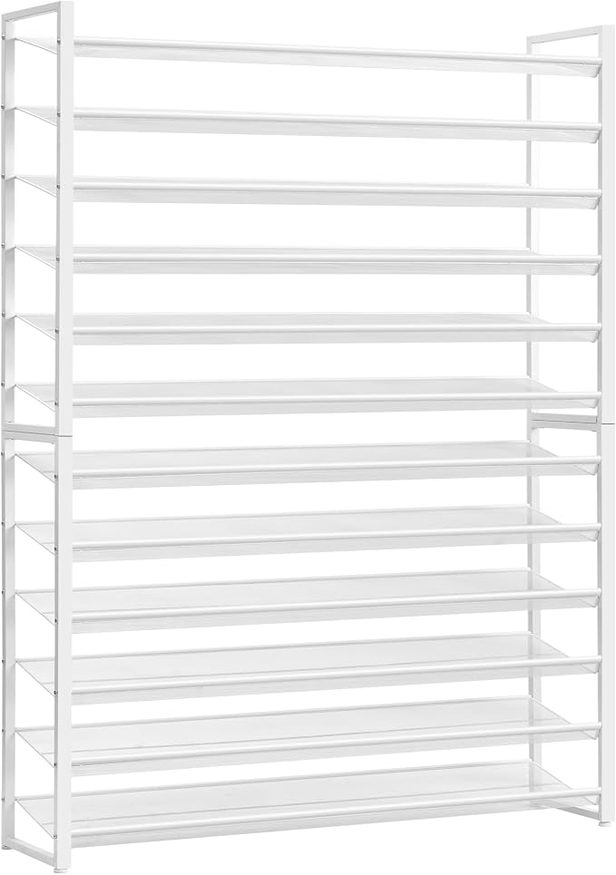 Nunsino Shoe Rack, Long Shoe Organizer,Max Holds 75 Pairs,12 Tier Metal Shoe Storage Shelf,6-Tier Stackable Shoes Organizer for Garage, Entryway,White