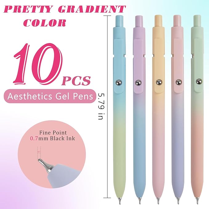 Gel Pens School Office Supplies - 10 Pcs 0.7mm Cute Black Ink Ballpoint, Aesthetic Fine Point Pen, Desk Accessories for Women College Teacher, Pastel Colored Smooth Writing Pen for Journaling Gifts