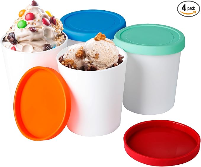Ice Cream Containers for Homemade (4 Pack - 1 Quart Each), Reusable PP Plastic Ice Cream Storage Containers for Freezer, Leak-Free Ice Cream Containers with Silicone Lids
