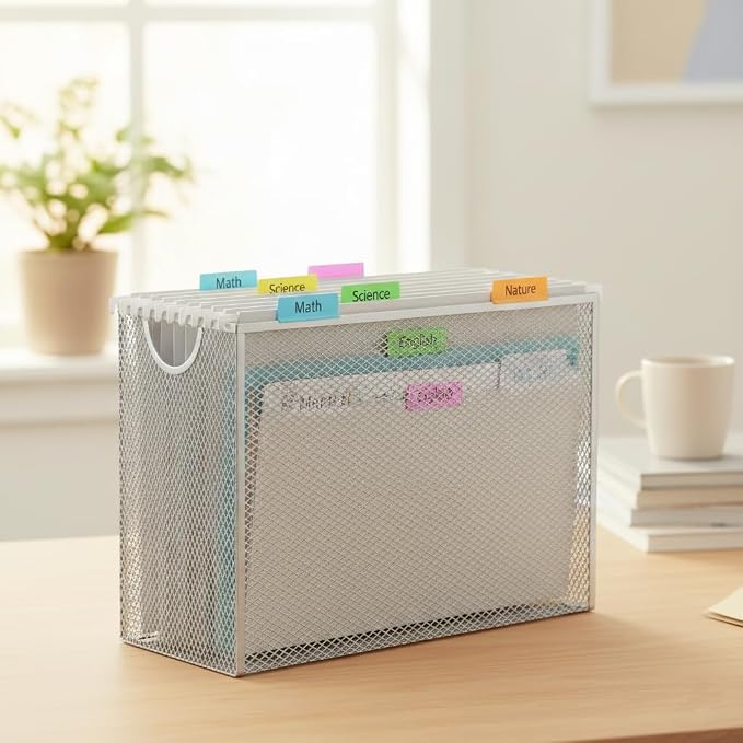 Hanging File Organizer, Letter-Size File Holder Filing Box with 5 Hanging Folders, Metal Mesh Desk File Folder Storage(No Assembly Required) (Silver, with 5 Grey Folders)